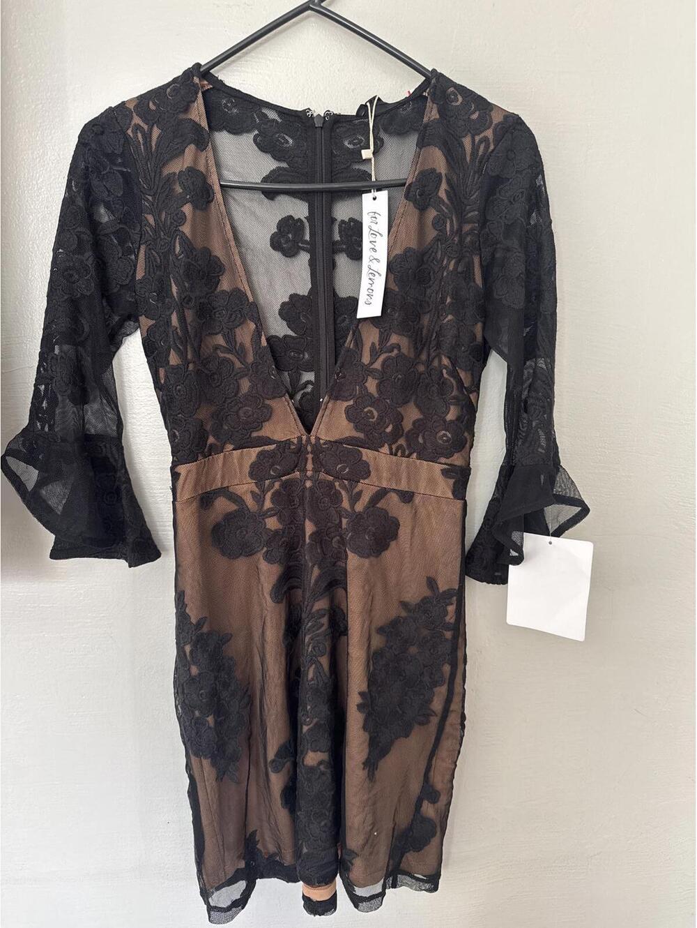 For Love & Lemons Black Lace Sheer Dress Bell Sleeve Womens Small NWT